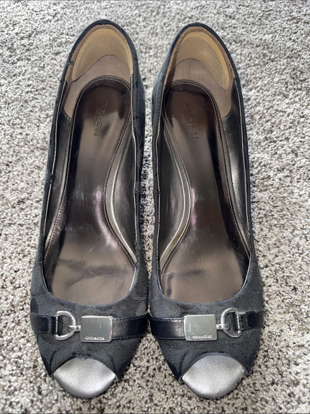 Coach Black Peep-Toe Heels with Silver Toe Caps